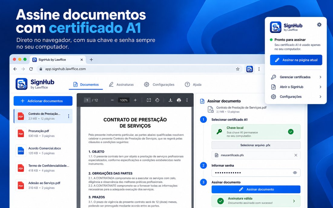 Tela de assinatura do Sign Lawffice mostrando um documento e o painel de assinatura com certificado A1